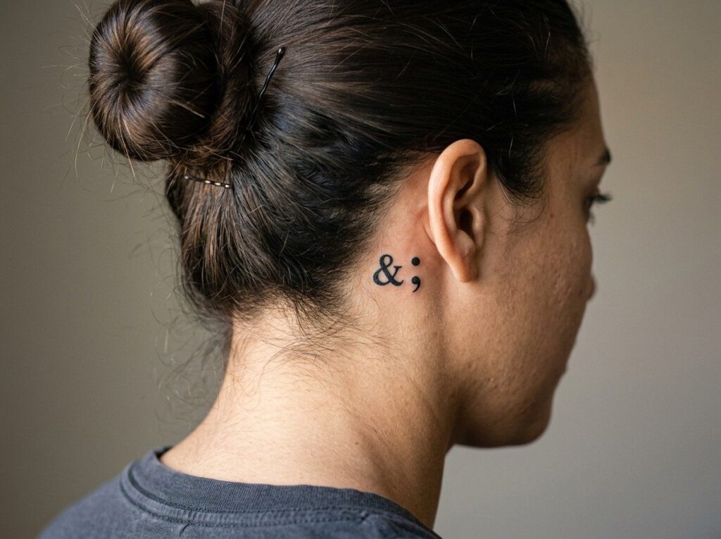 Small ampersand symbol next to a semicolon tattoo behind the ear
