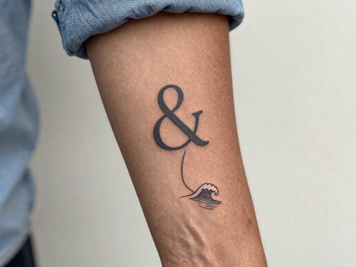 Ampersand symbol whose tail turns into a small ocean wave tattoo on the outer forearm