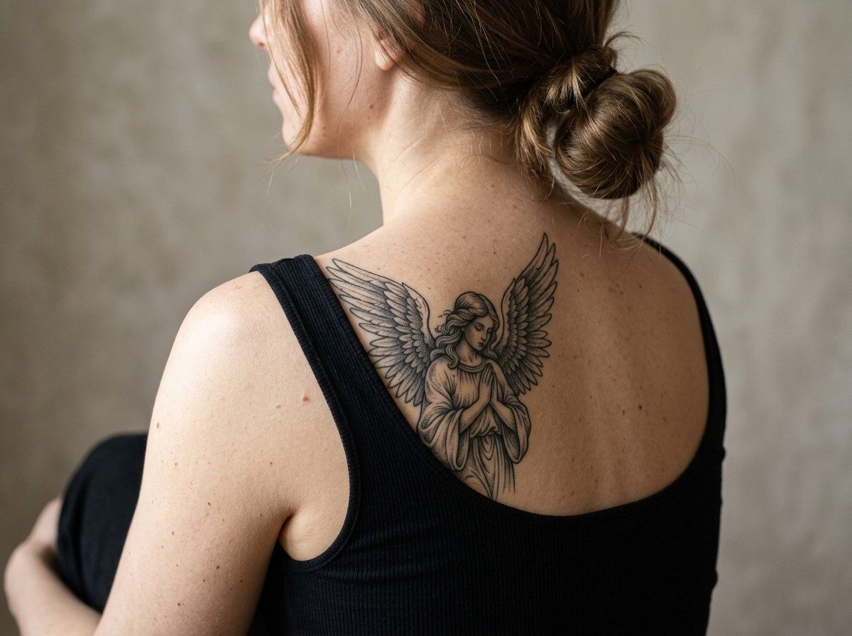 Angel tattoo: guardian angel on the shoulder blade
