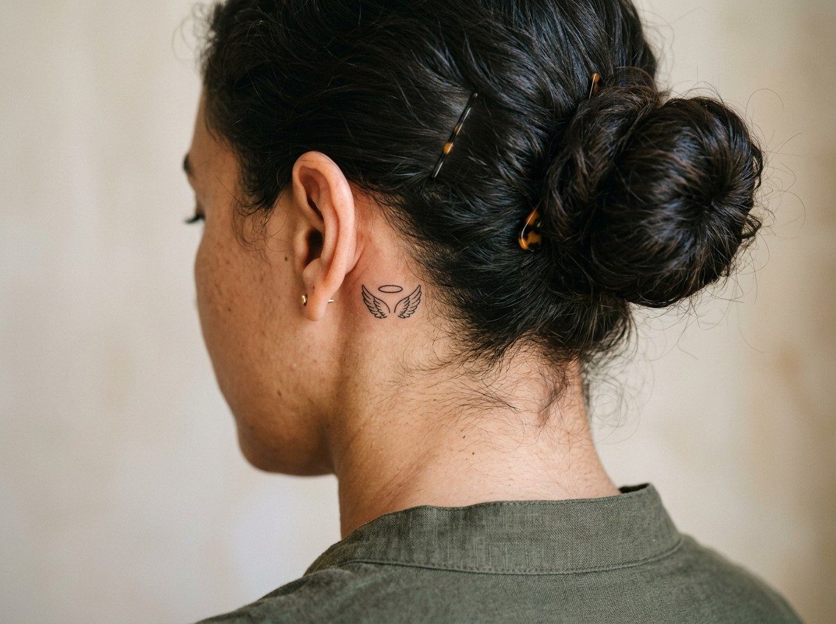 Angel tattoo: halo and wings behind the ear