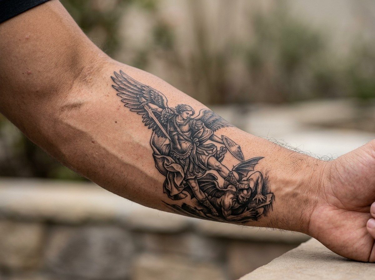 Angel tattoo: archangel michael on the forearm
