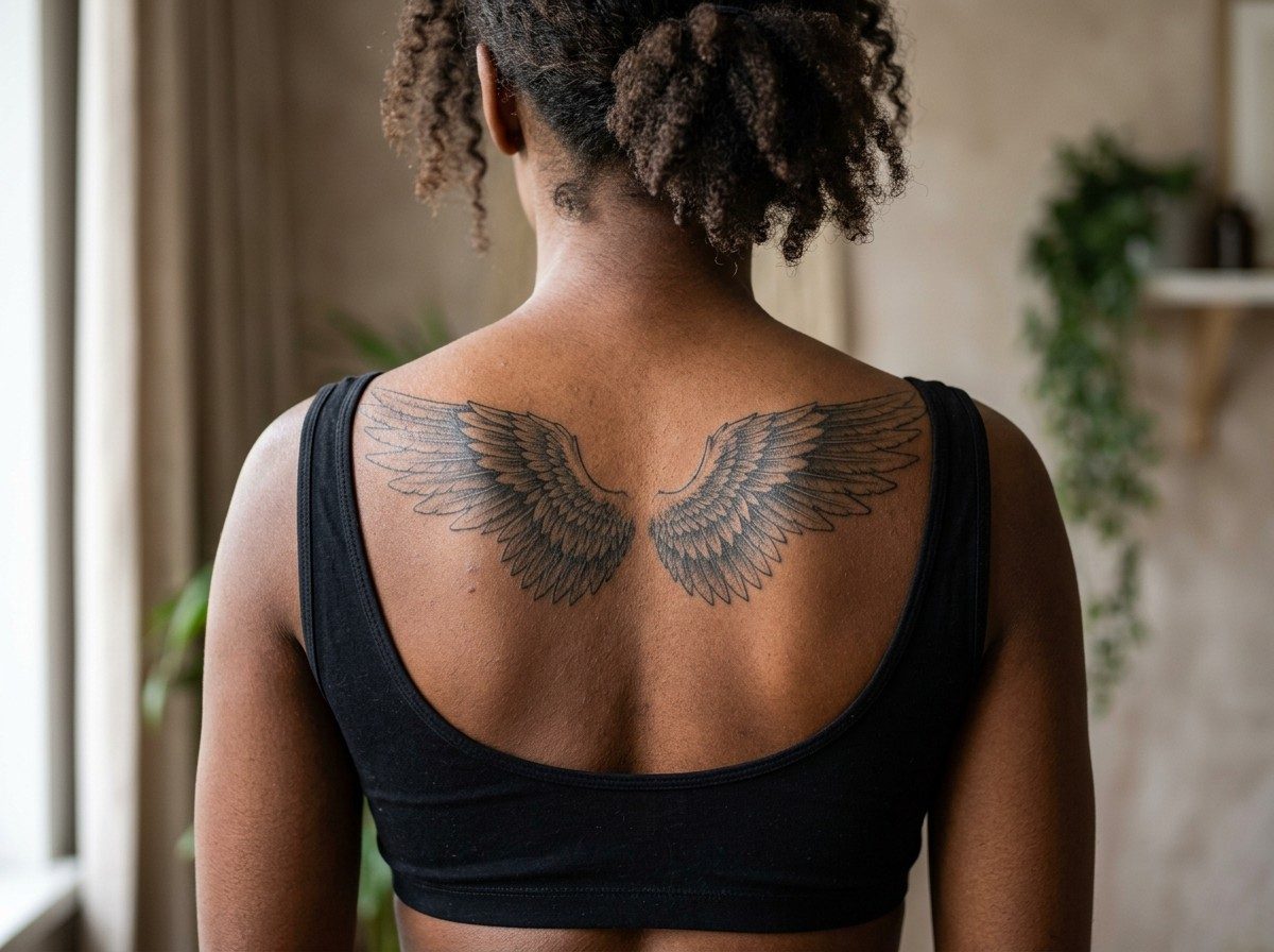 Angel tattoo: angel wings on the back on the upper back