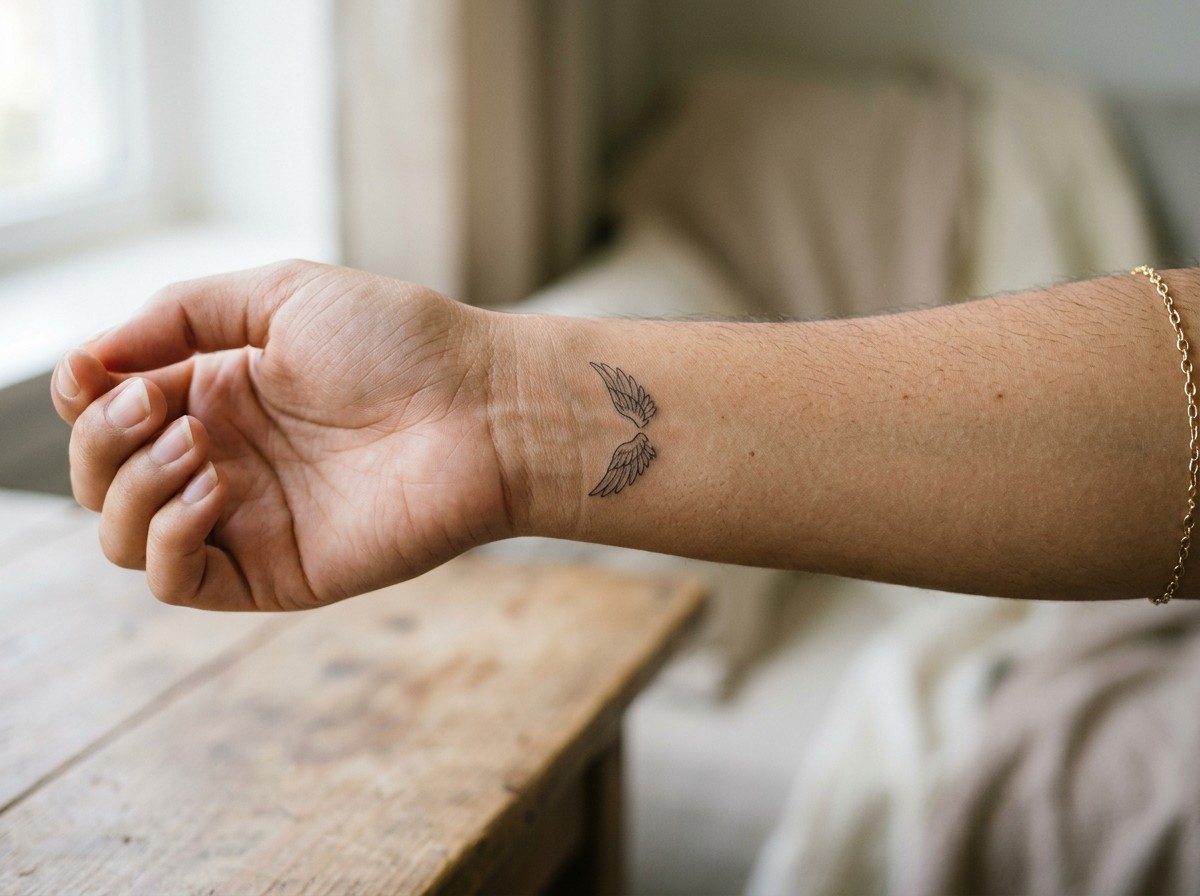 Angel tattoo: small angel wings on the inner wrist