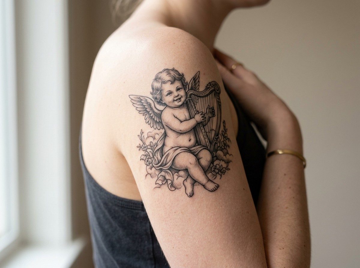 Angel tattoo: cherub on the upper arm
