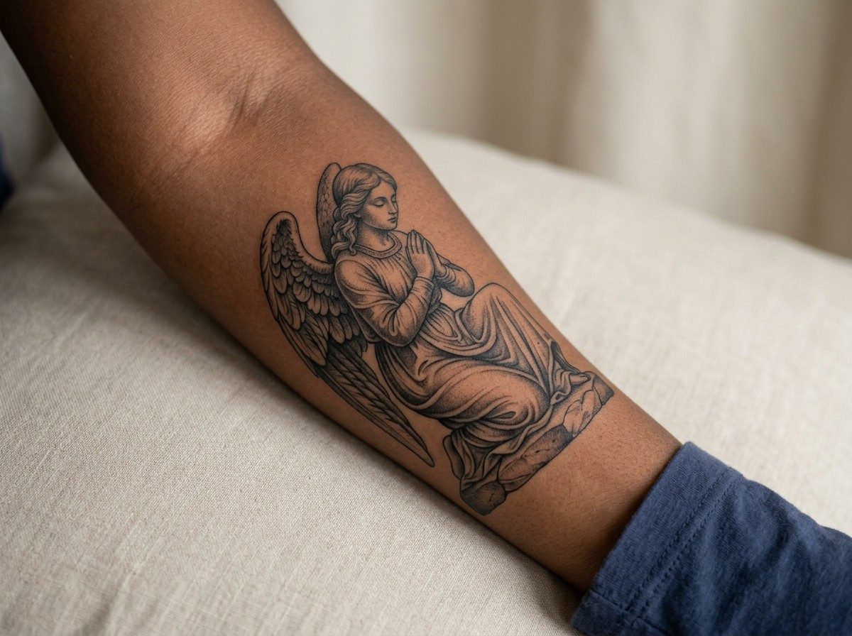 Angel tattoo: praying angel on the outer forearm