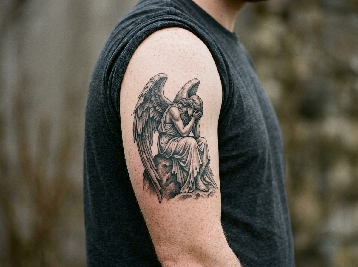 Angel tattoo: fallen angel on the upper arm