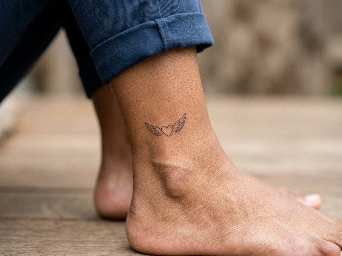 Angel tattoo: angel wings and heart on the ankle
