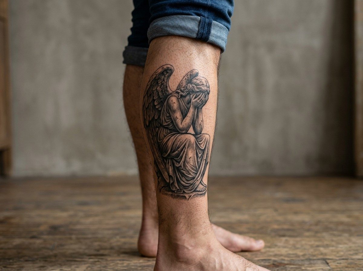 Angel tattoo: angel statue on the lower leg (human calf muscle)