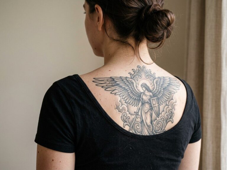 Angel tattoo: guardian angel with spread wings on the shoulder blade
