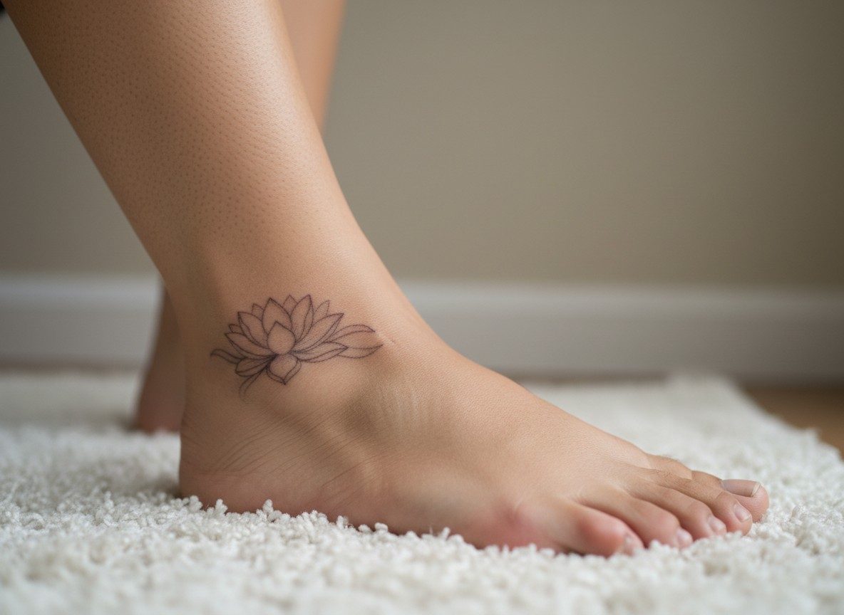 Lotus flower tattoo on the inner ankle