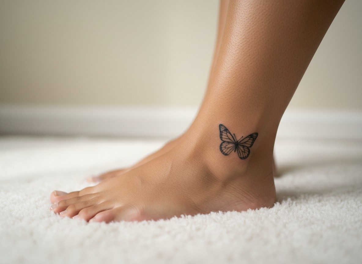 Fine line butterfly tattoo on the inner ankle