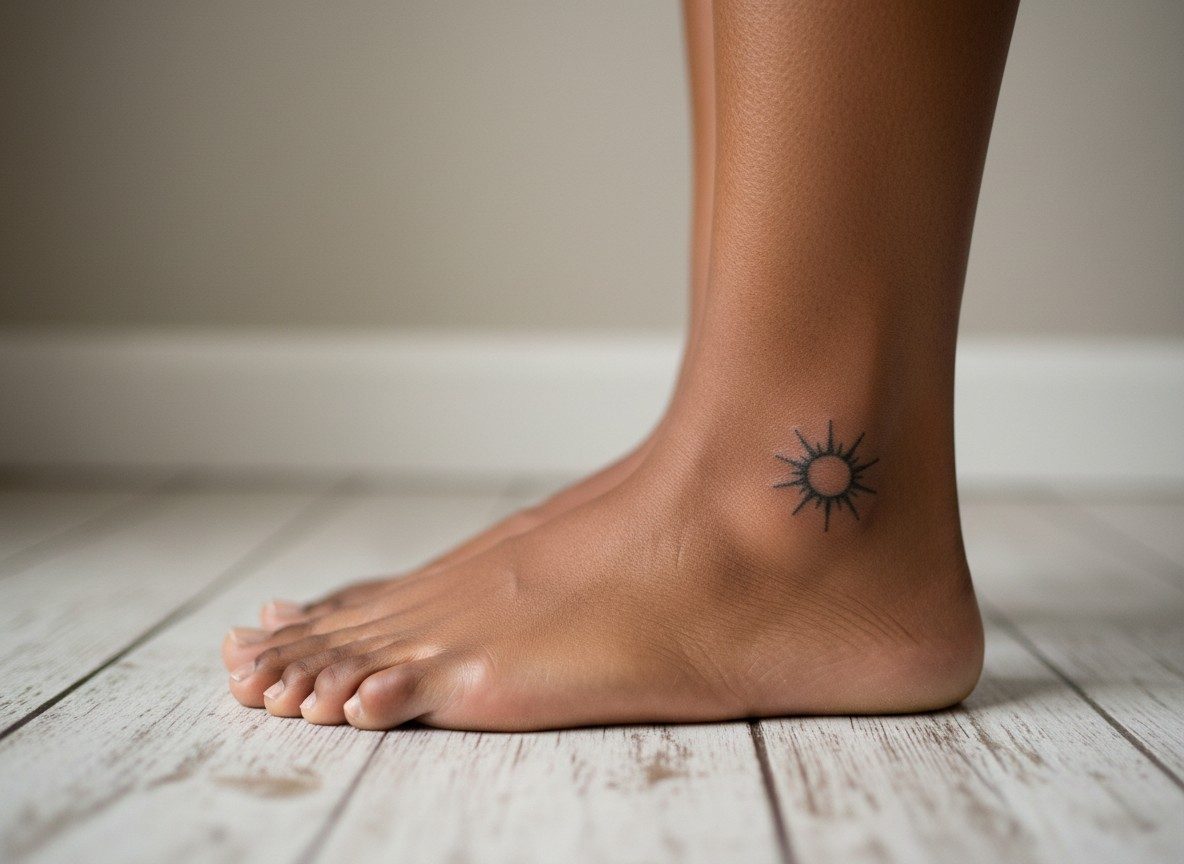 Small sun tattoo on the outer ankle