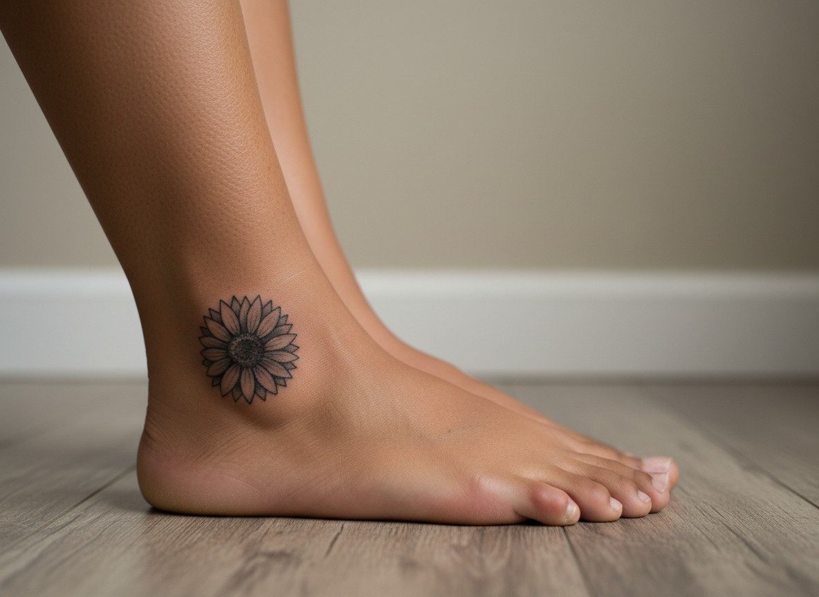 Sunflower tattoo on the outer ankle