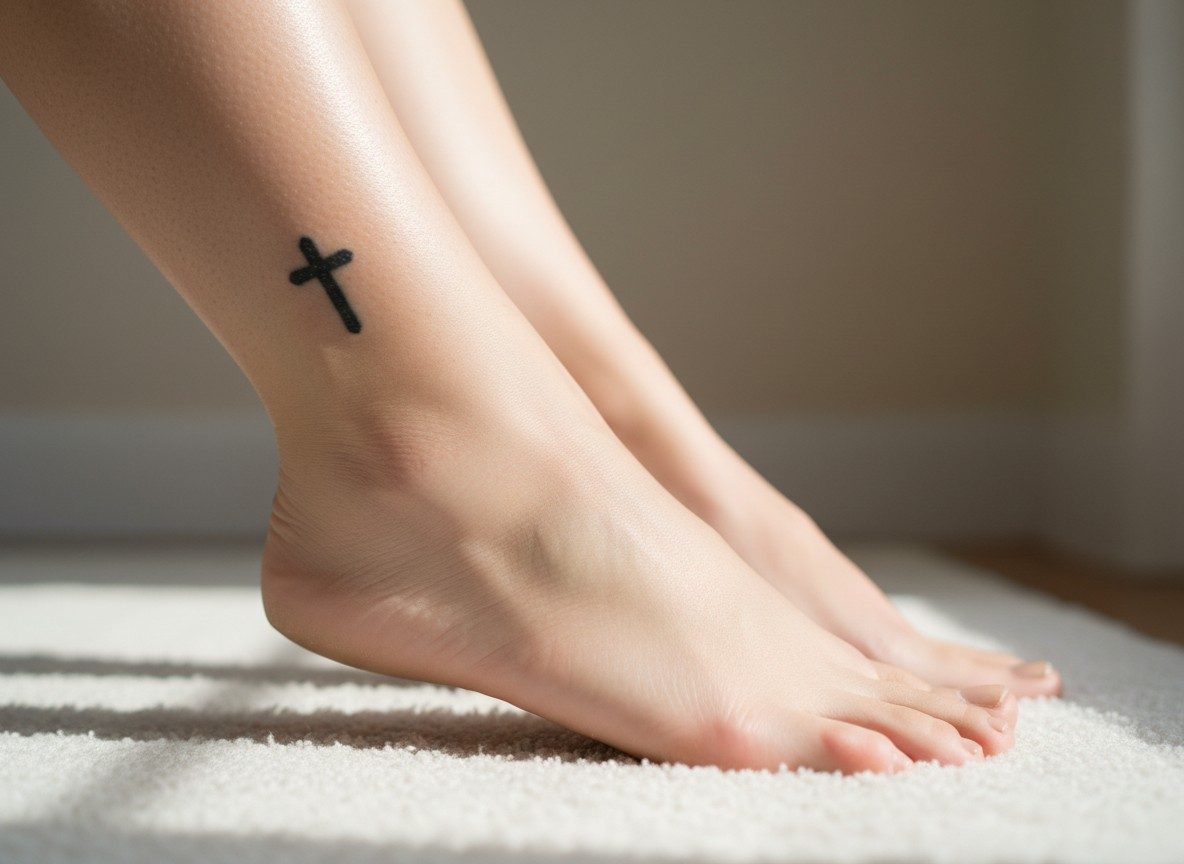 Small cross tattoo on the inner ankle