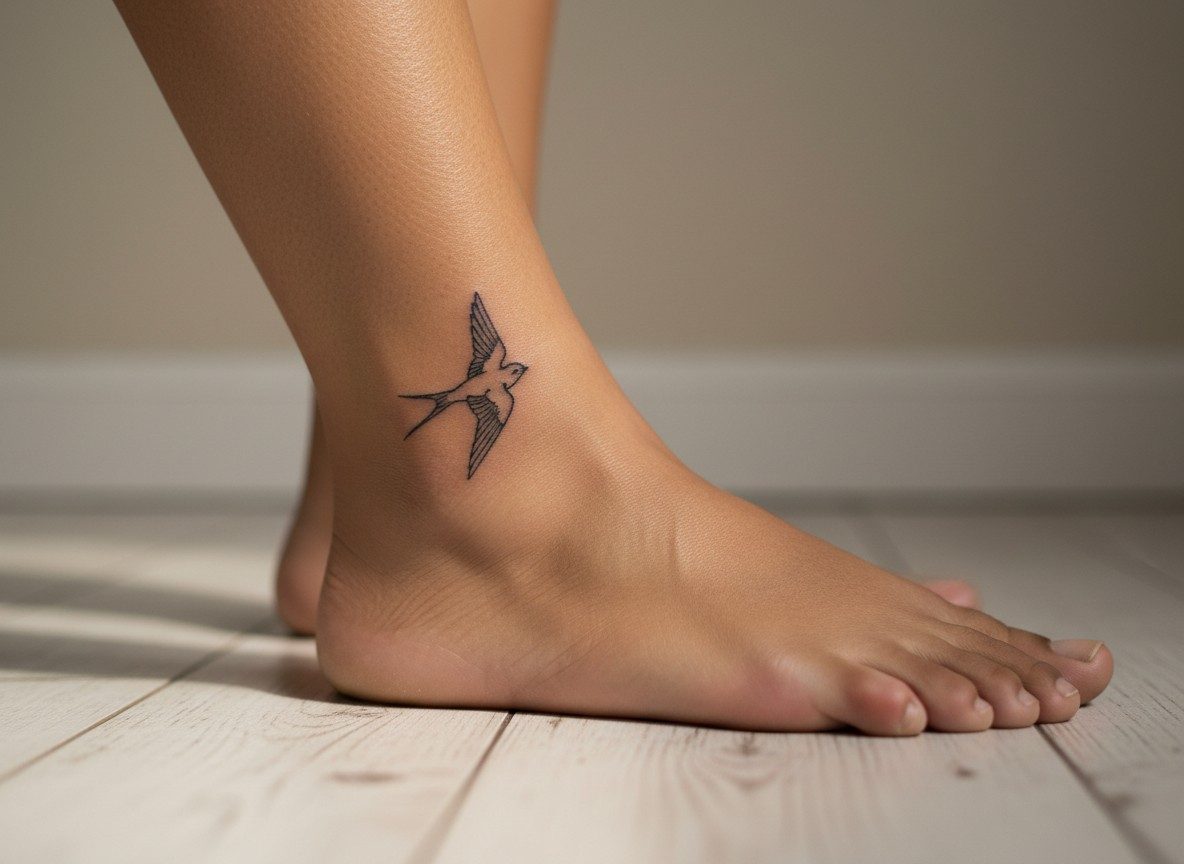 Swallow tattoo on the outer ankle