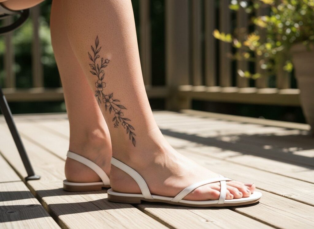 Ankle tattoos for women: floral vine tattoo with sandals