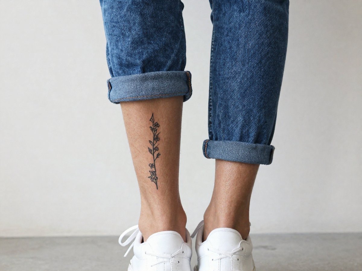 Long fine line arrow with small flowers tattoo on the back of the calf