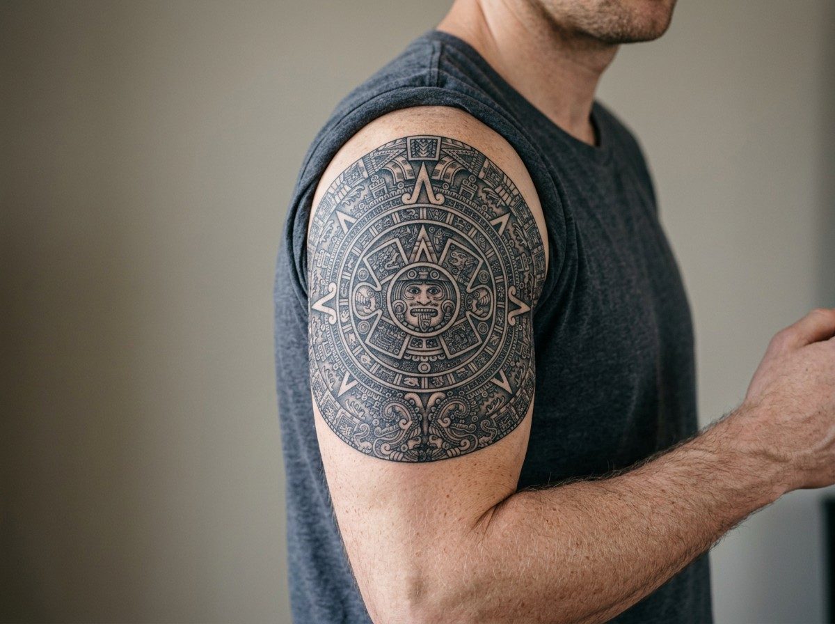 Aztec tattoo ideas: aztec sun stone on the upper arm