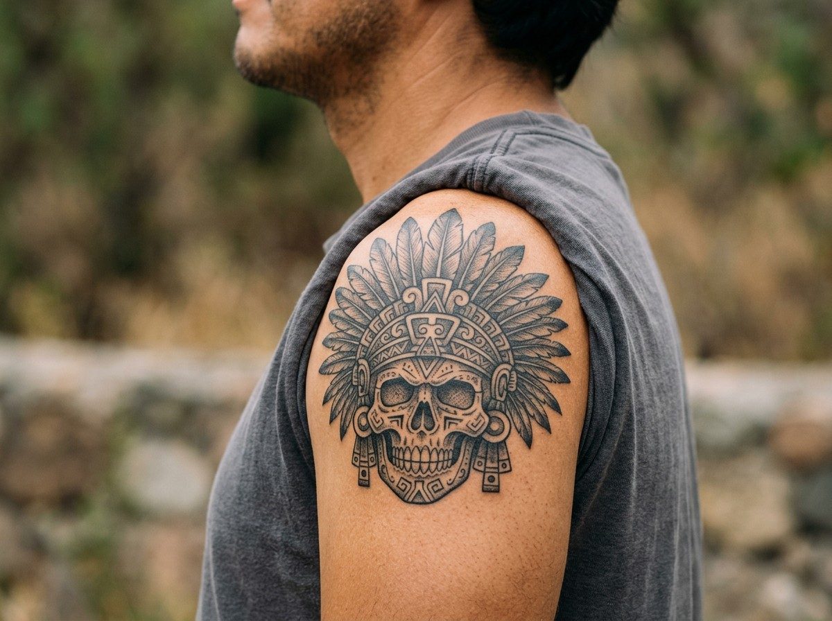 Aztec tattoo ideas: aztec death mask on the shoulder
