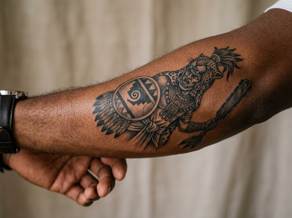 Aztec tattoo ideas: jaguar warrior on the outer forearm