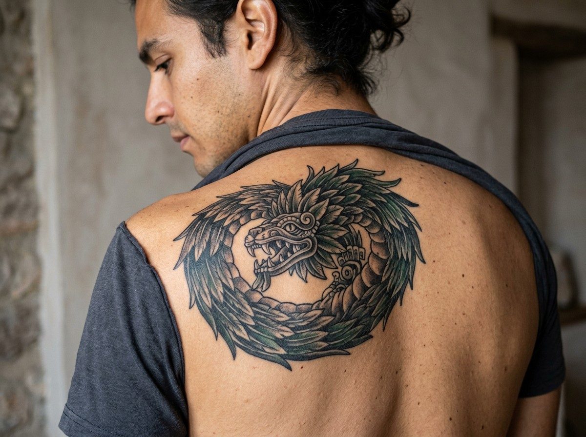 Aztec tattoo ideas: quetzalcoatl feathered serpent on the upper back