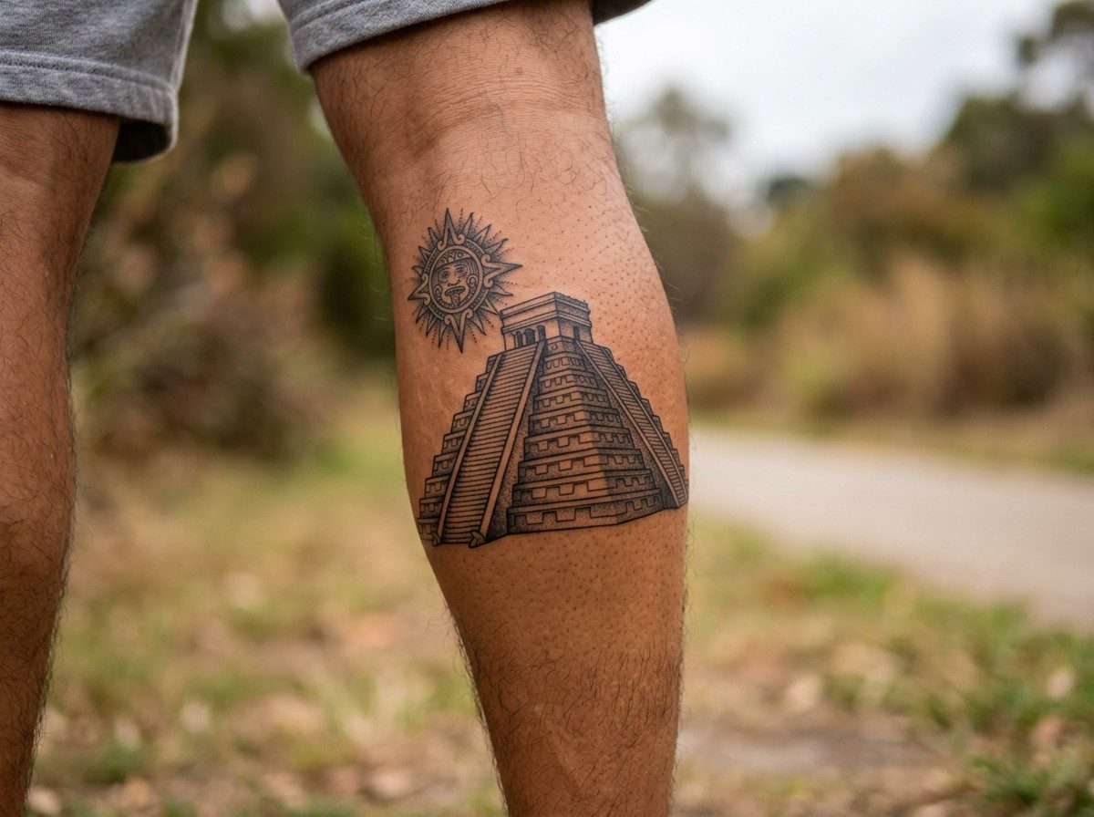 Aztec tattoo ideas: aztec pyramid on the lower leg (human calf muscle)