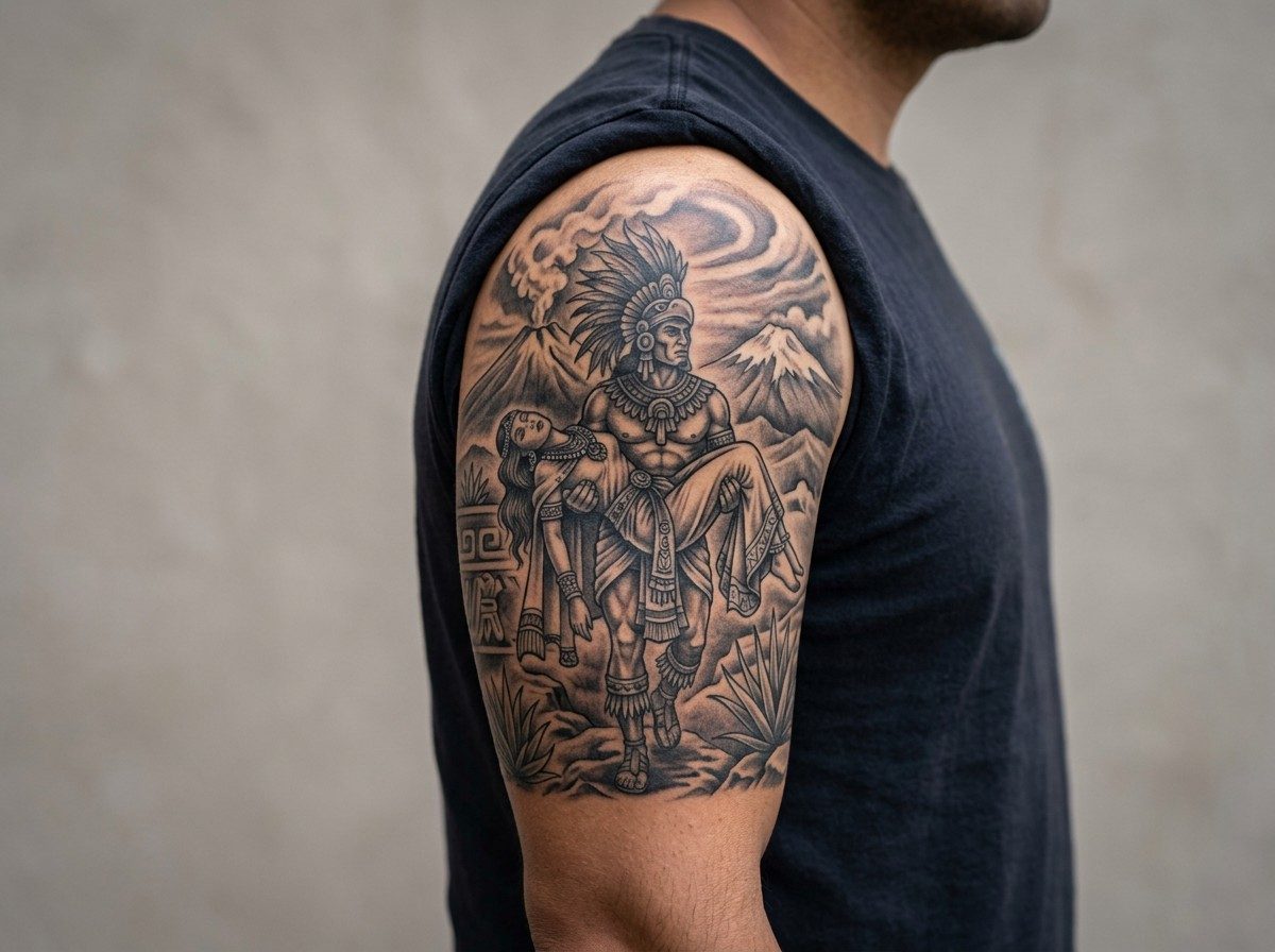Aztec tattoo ideas: aztec princess and warrior on the upper arm
