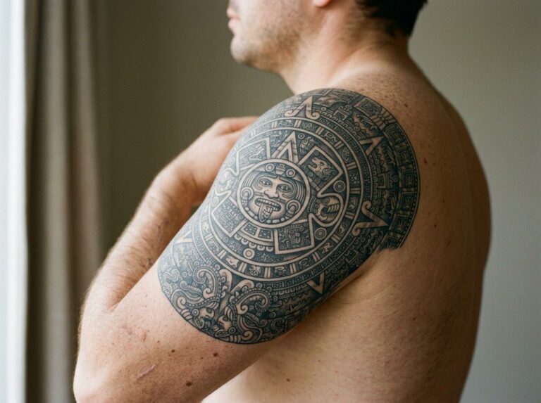 Aztec tattoo ideas: Aztec sun stone on the upper arm