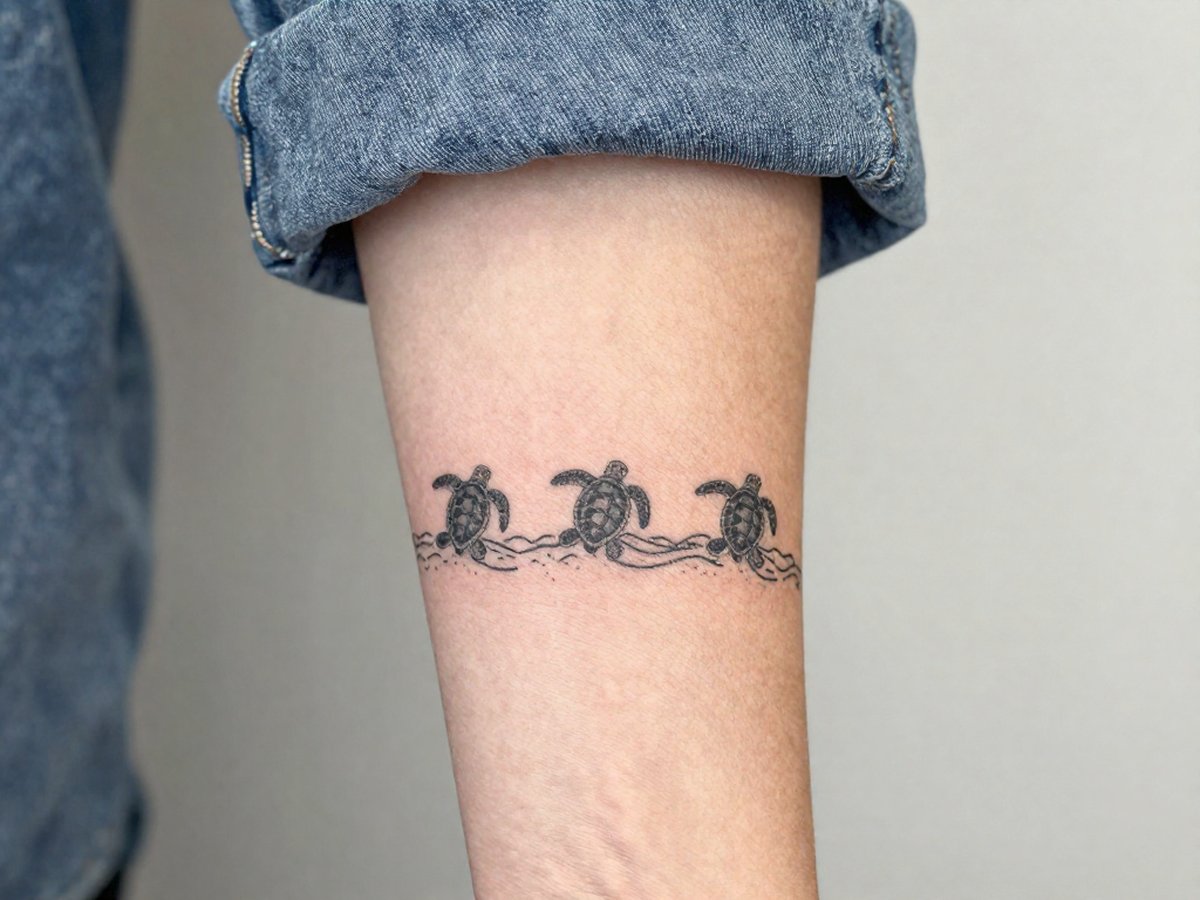 Three tiny baby sea turtles crawling toward small waves in a horizontal line tattoo on the outer forearm
