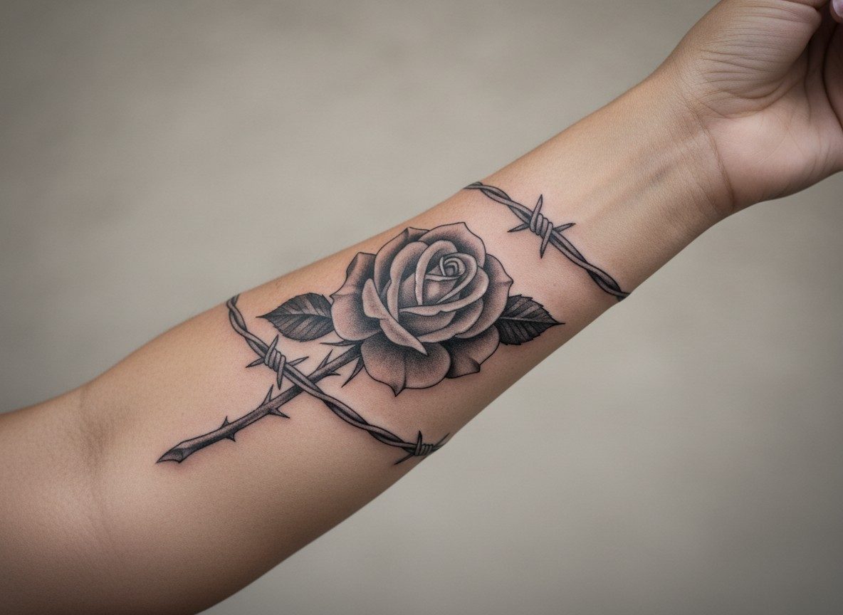 Barbed wire tattoo: barbed wire and rose on the outer forearm