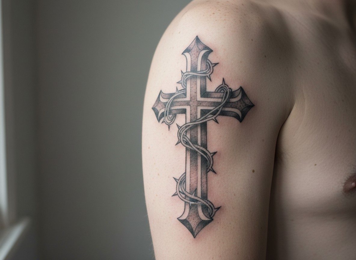 Barbed wire tattoo: barbed wire cross on the upper arm