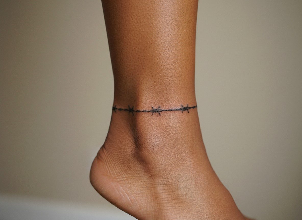 Barbed wire tattoo: fine line barbed wire on the ankle