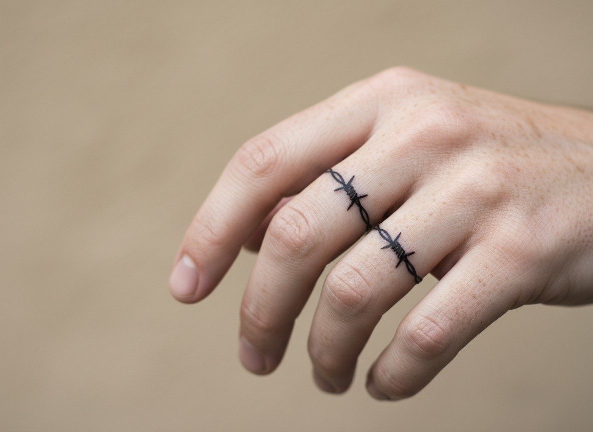 Barbed wire tattoo: barbed wire finger band on the fingers