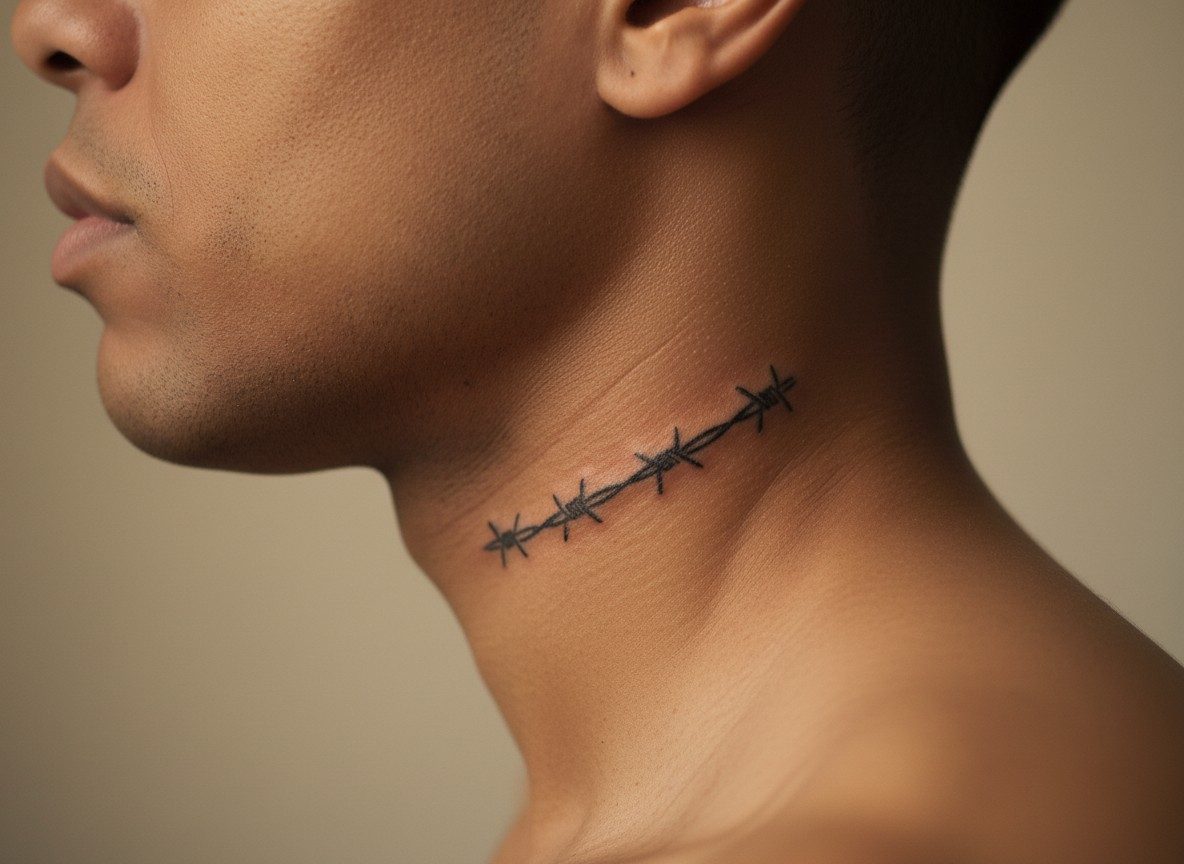 Barbed wire tattoo: barbed wire neck piece on the side of the neck