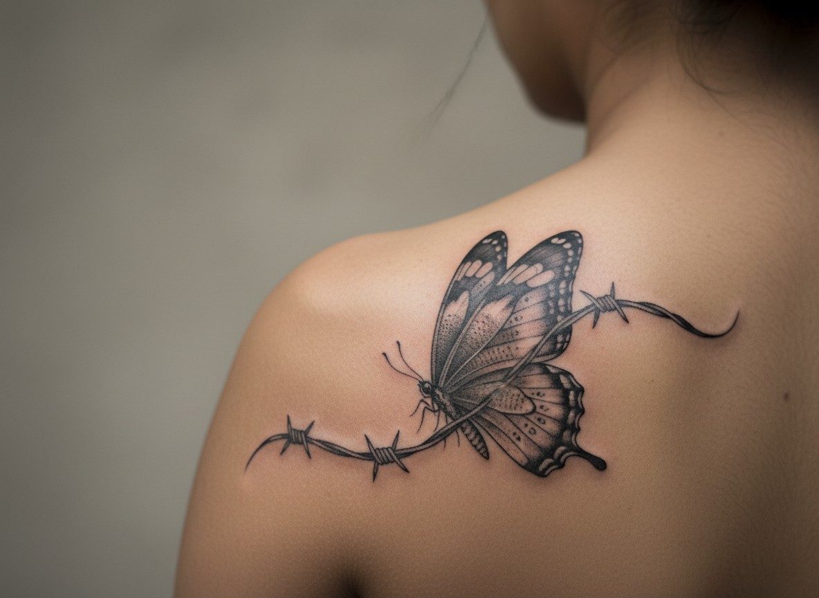 Barbed wire tattoo: barbed wire and butterfly on the shoulder blade