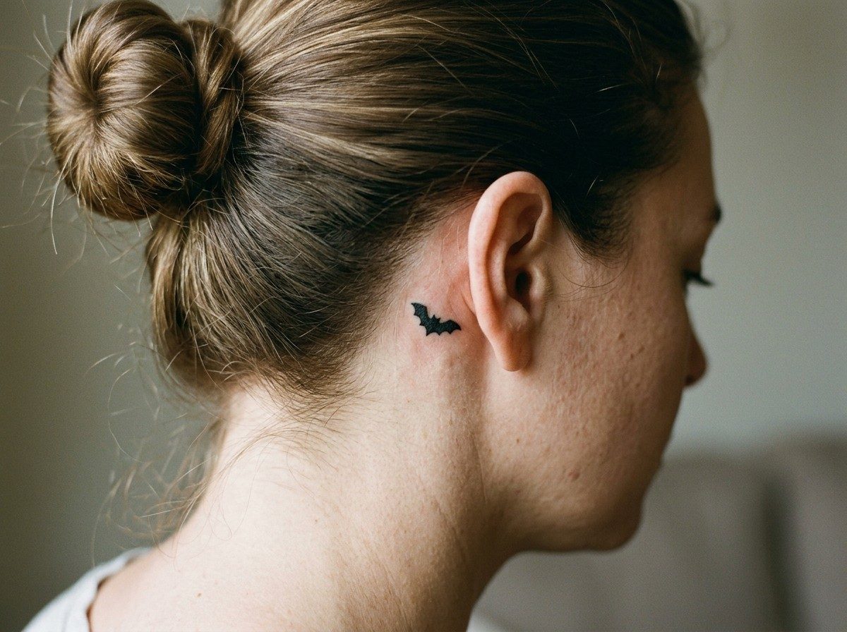 Bat tattoo: tiny bat behind the ear