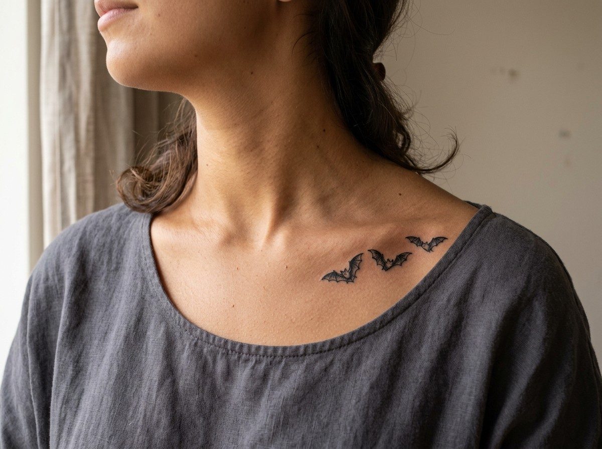 Bat tattoo: flying bats trio on the collarbone