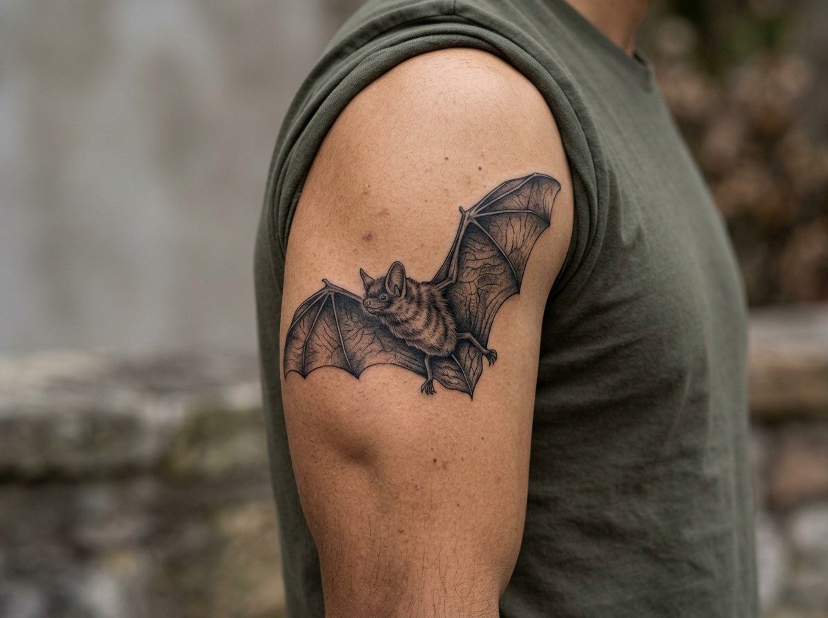 Bat tattoo: realistic bat on the upper arm