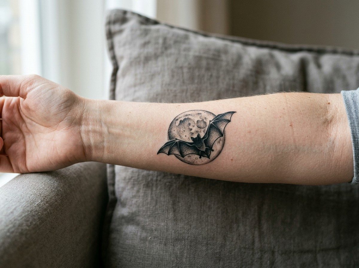 Bat tattoo: bat and full moon on the inner forearm