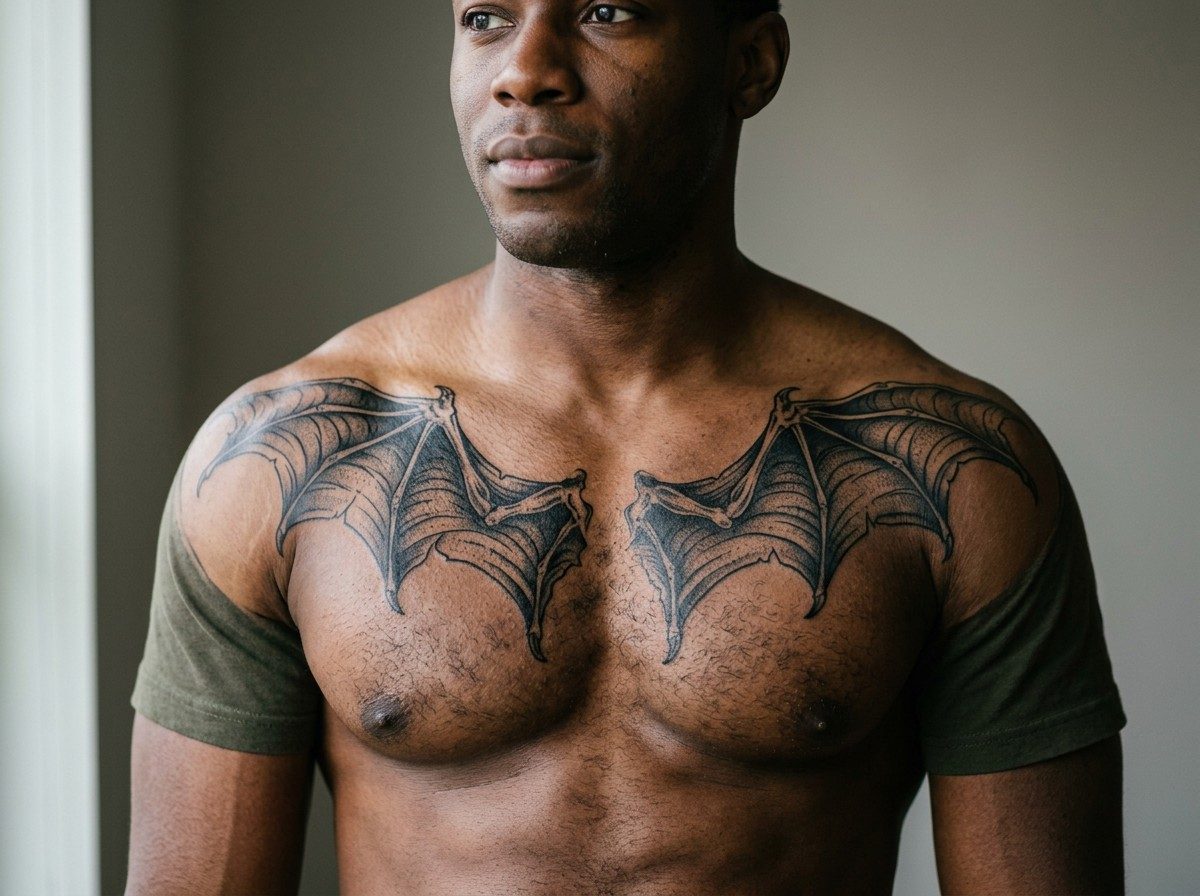 Bat tattoo: bat wings across the chest on the upper chest