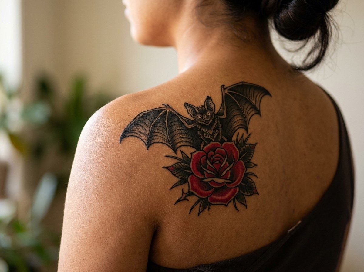 Bat tattoo: bat and rose on the shoulder