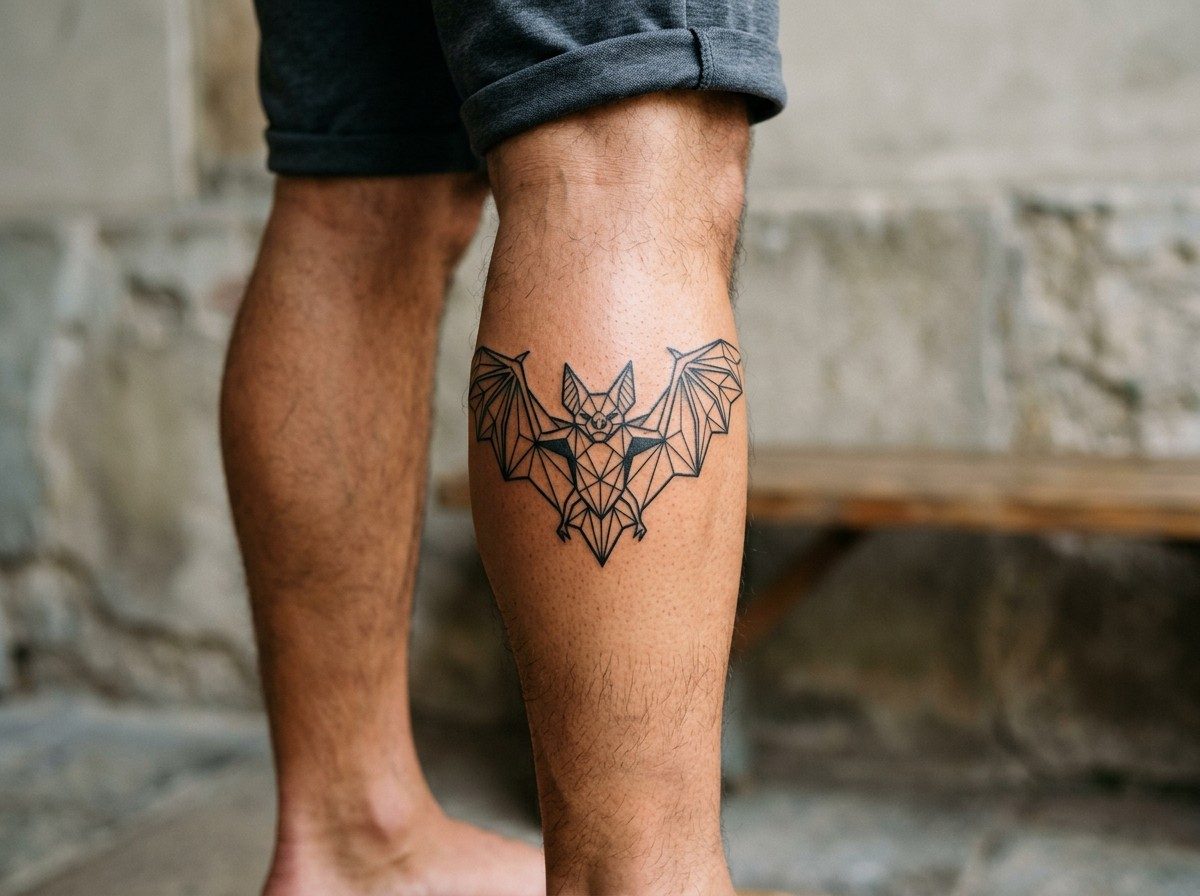 Bat tattoo: geometric bat on the lower leg (human calf muscle)
