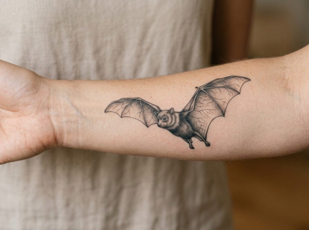 Bat tattoo: small black bat silhouette on the inner forearm