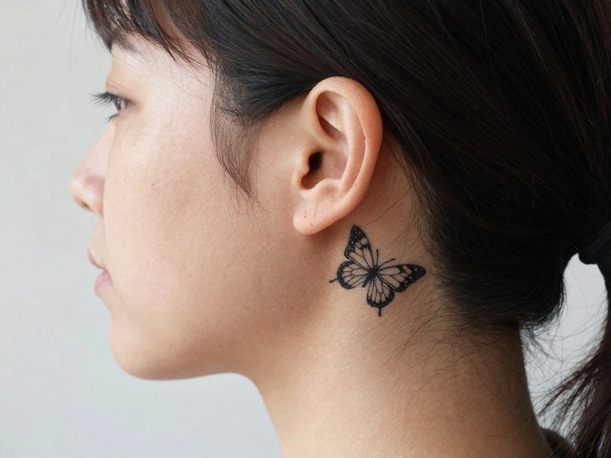 Behind the ear tattoo: small fine line butterfly