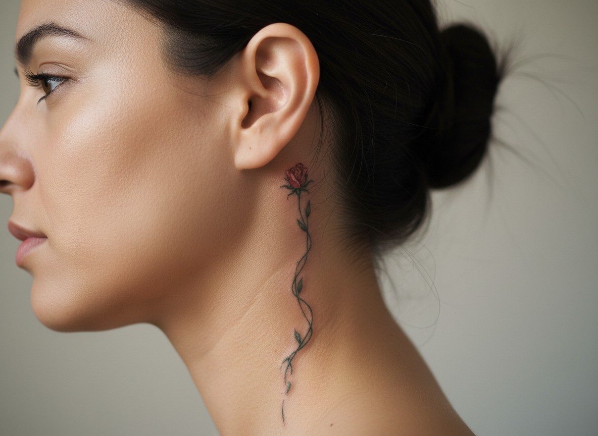 Delicate rose vine tattoo behind the ear