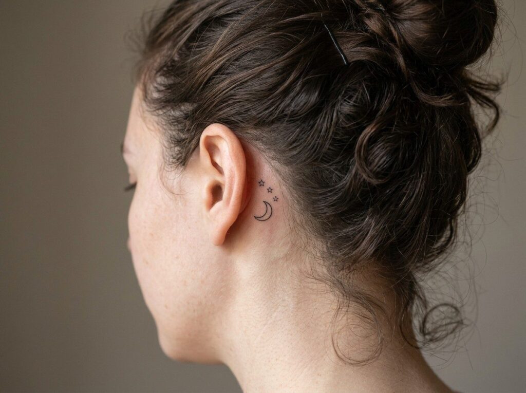 Crescent moon and stars tattoo behind the ear
