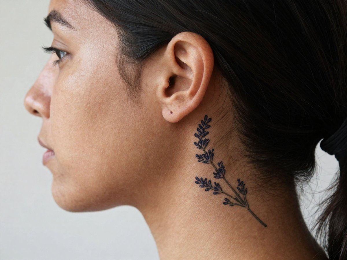Tiny lavender flower sprig tattoo behind the ear