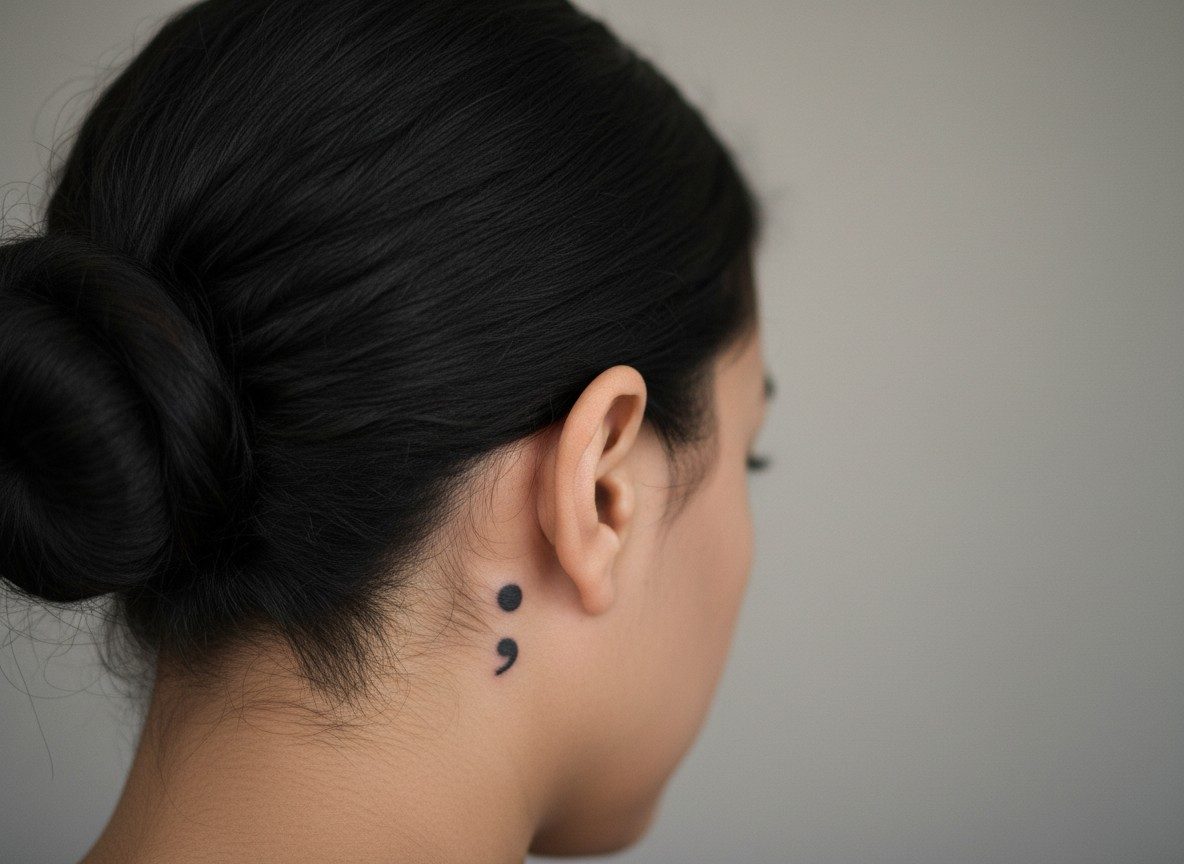 Semicolon tattoo behind the ear
