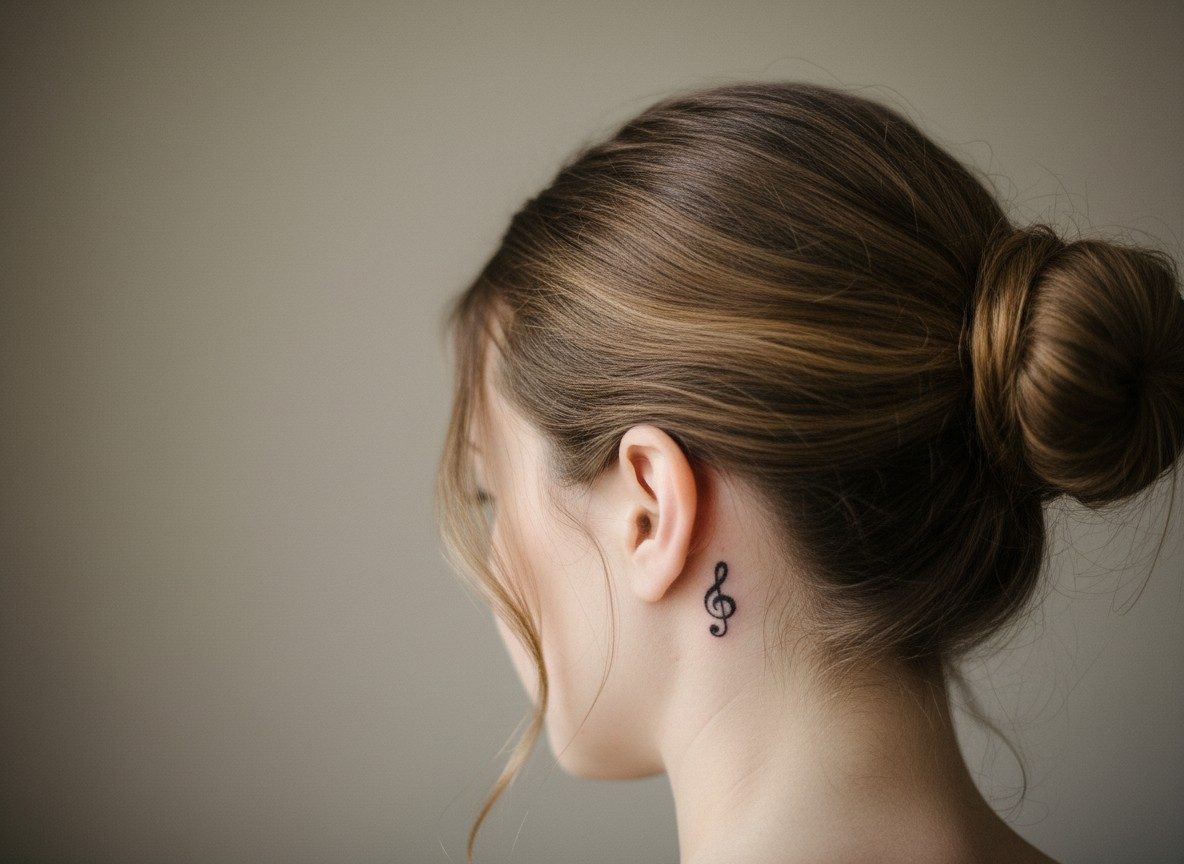 Music note tattoo behind the ear