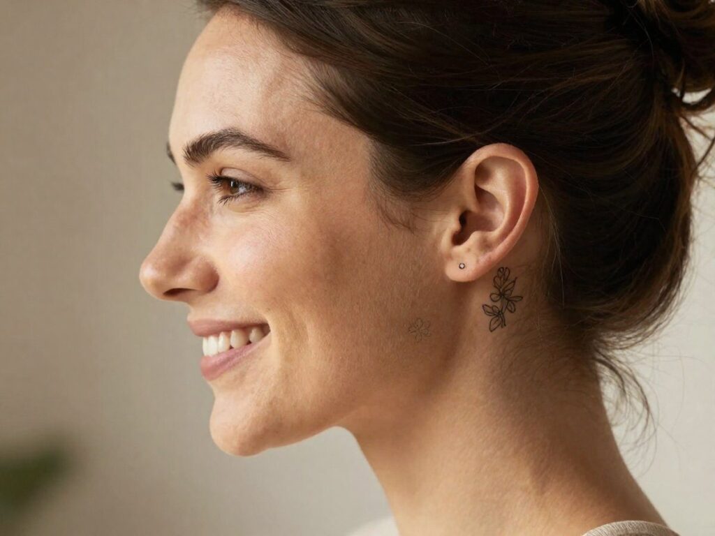 Behind the ear tattoo: small flower tattoo on a smiling woman